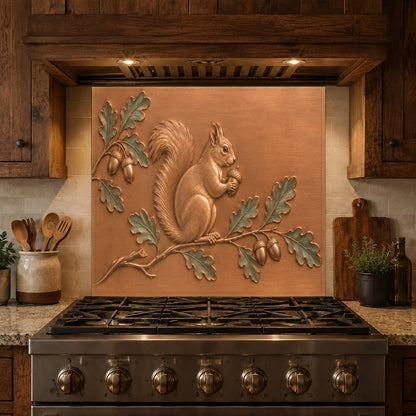 Cozy cabin kitchen makeover showcasing a beautiful autumn squirrel themed glass backsplash.