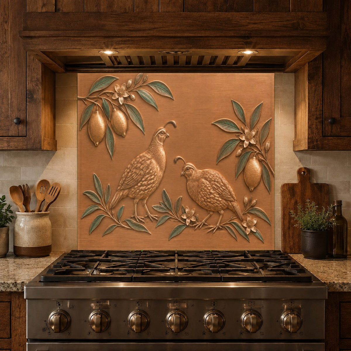 Citrus Quail decorative tempered glass backsplash behind an electric cooktop