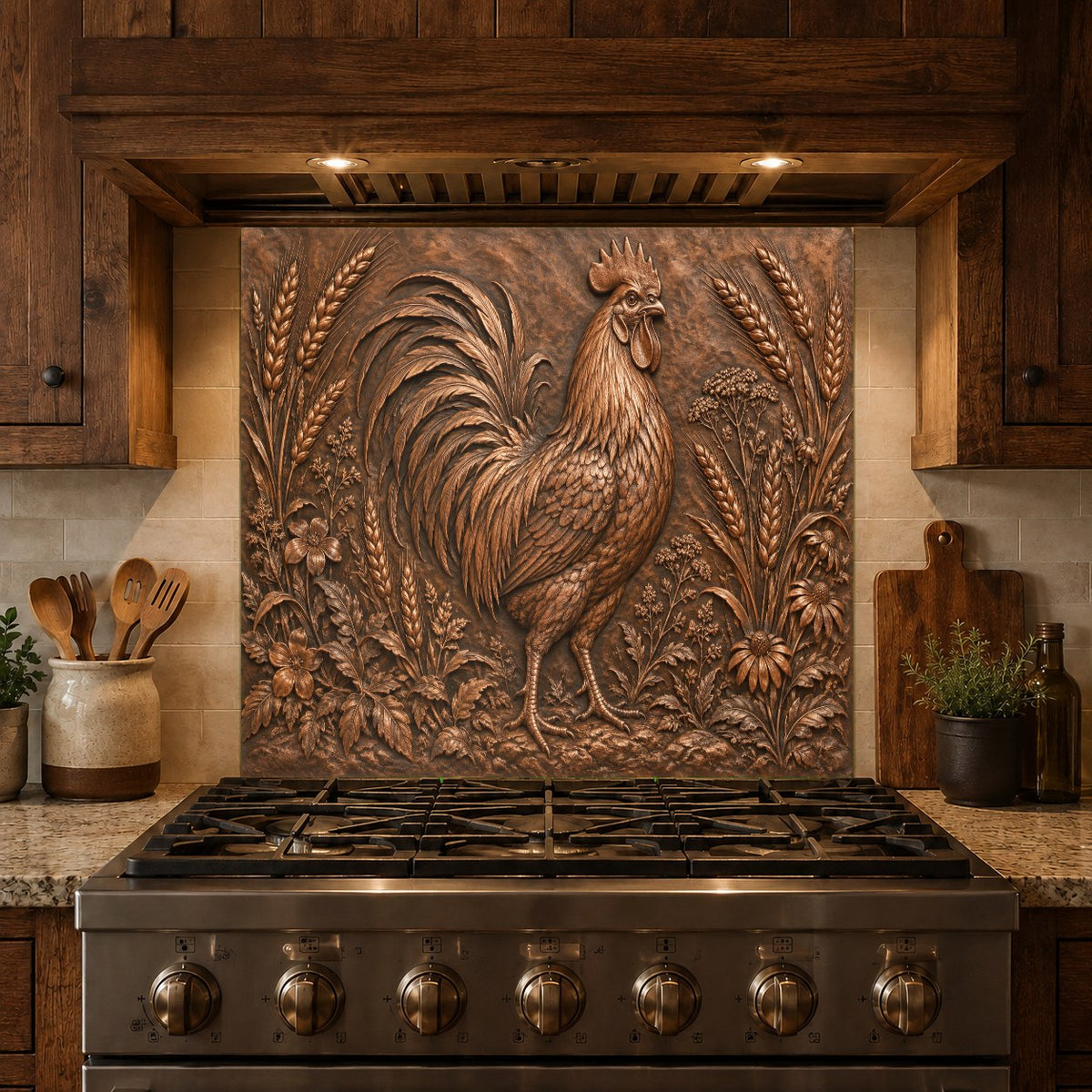 Rooster themed glass backsplash panel installed behind a kitchen sink