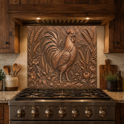 Rooster themed glass backsplash panel installed behind a kitchen sink