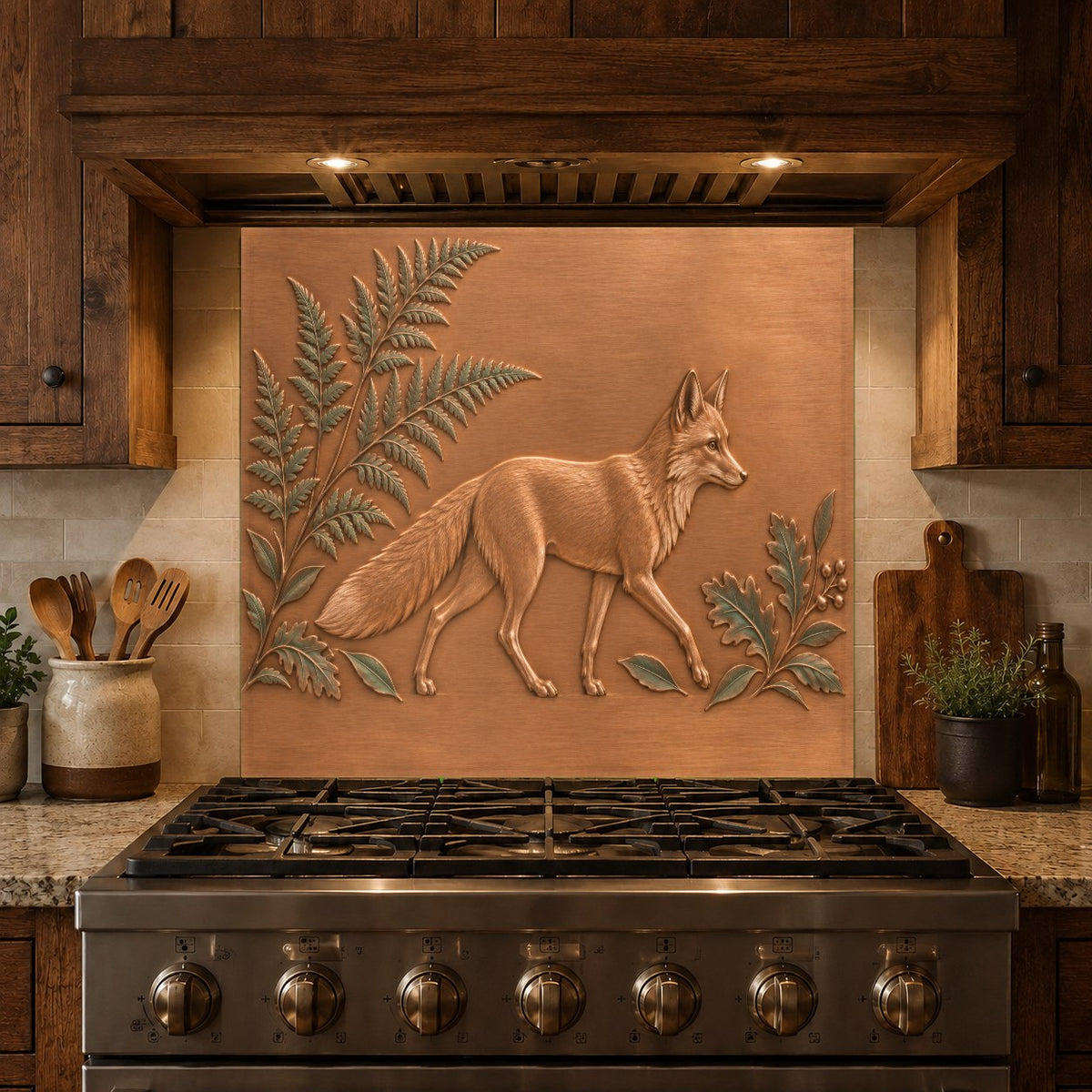 Durable and easy-to-clean glass backsplash with forest animal and fern print installed behind a sink.