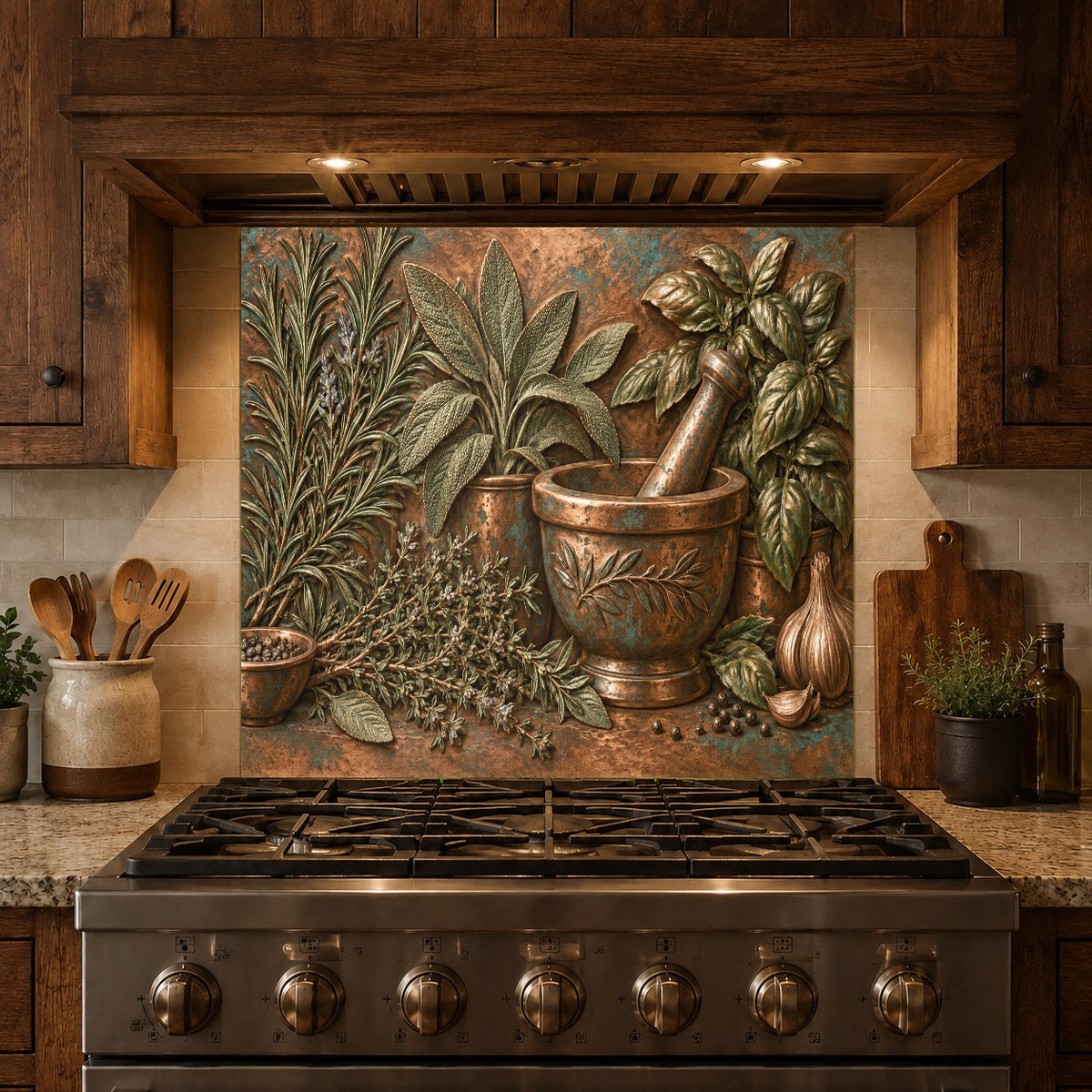Vibrant herb mortar glass backsplash panel reflecting natural kitchen light