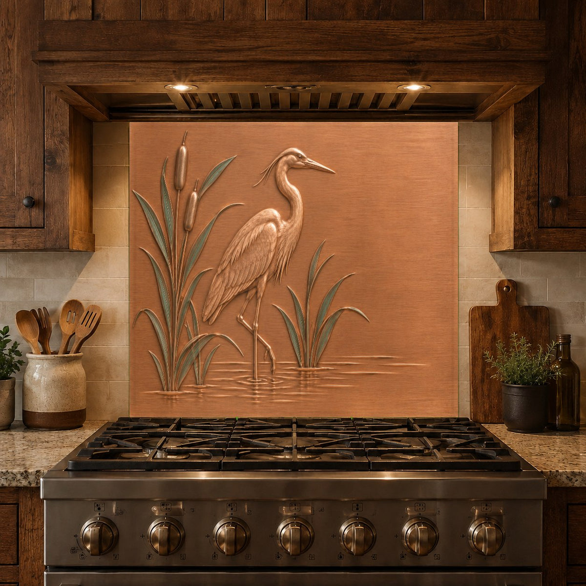 Modern kitchen featuring a botanical heron marsh glass backsplash