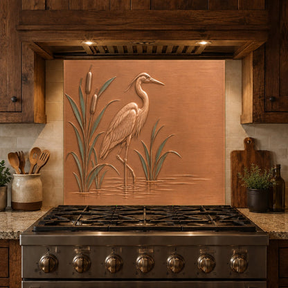 Modern kitchen featuring a botanical heron marsh glass backsplash
