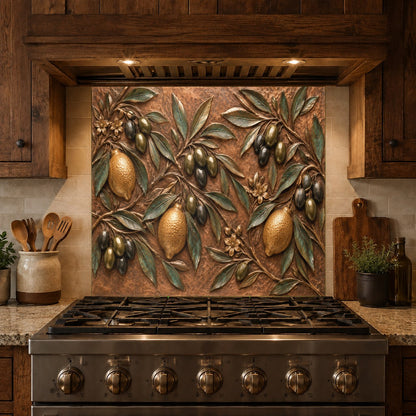 Sleek glass kitchen backsplash with lemon grove design reflecting modern kitchen lighting