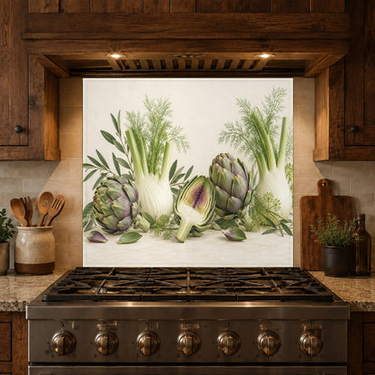 Artichoke Fennel kitchen glass backsplash protecting a busy cooking zone