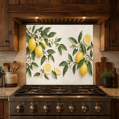 Full kitchen backsplash view with lemon orchard glass panel design