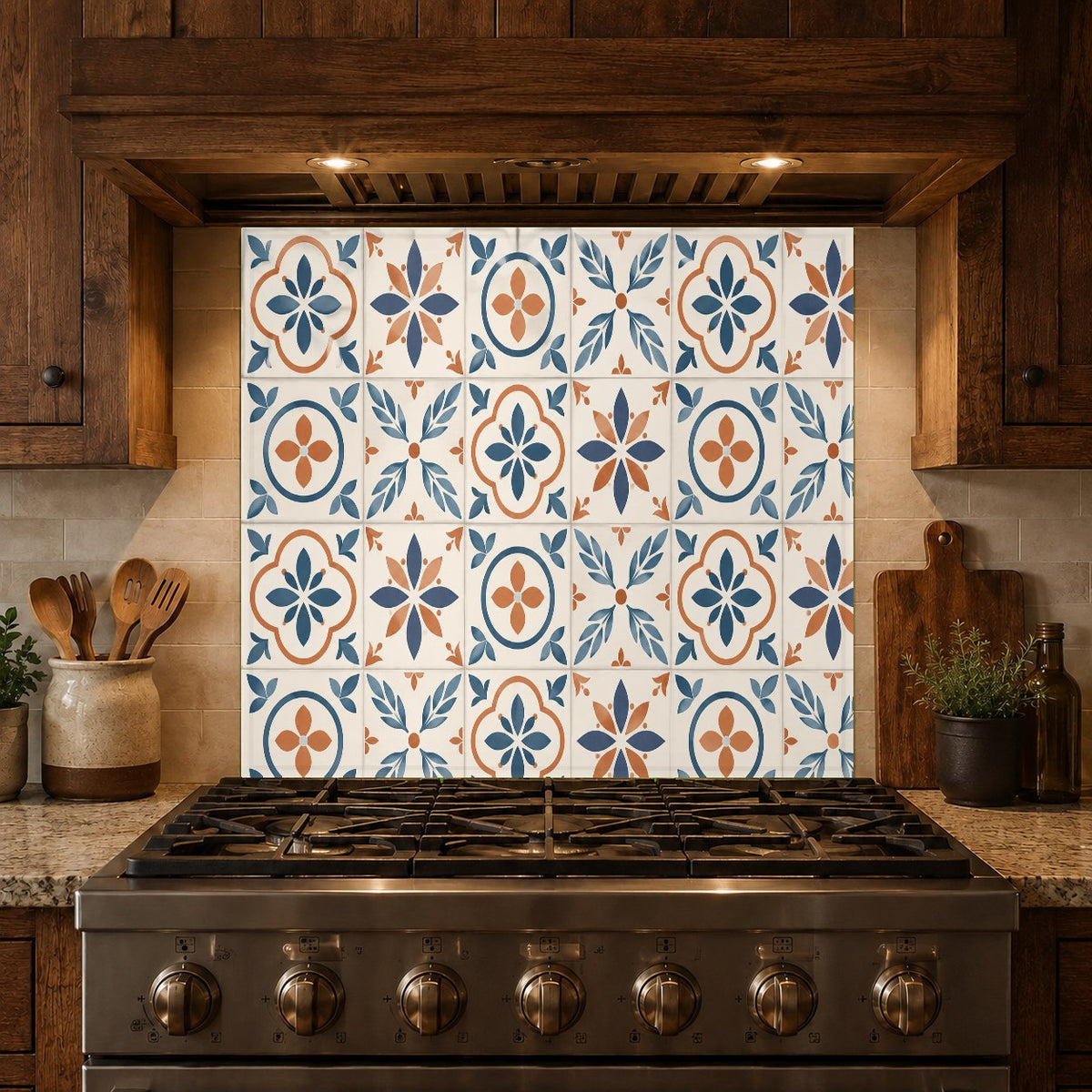 Sleek glass backsplash with Mediterranean tile design mounted in a bright white kitchen
