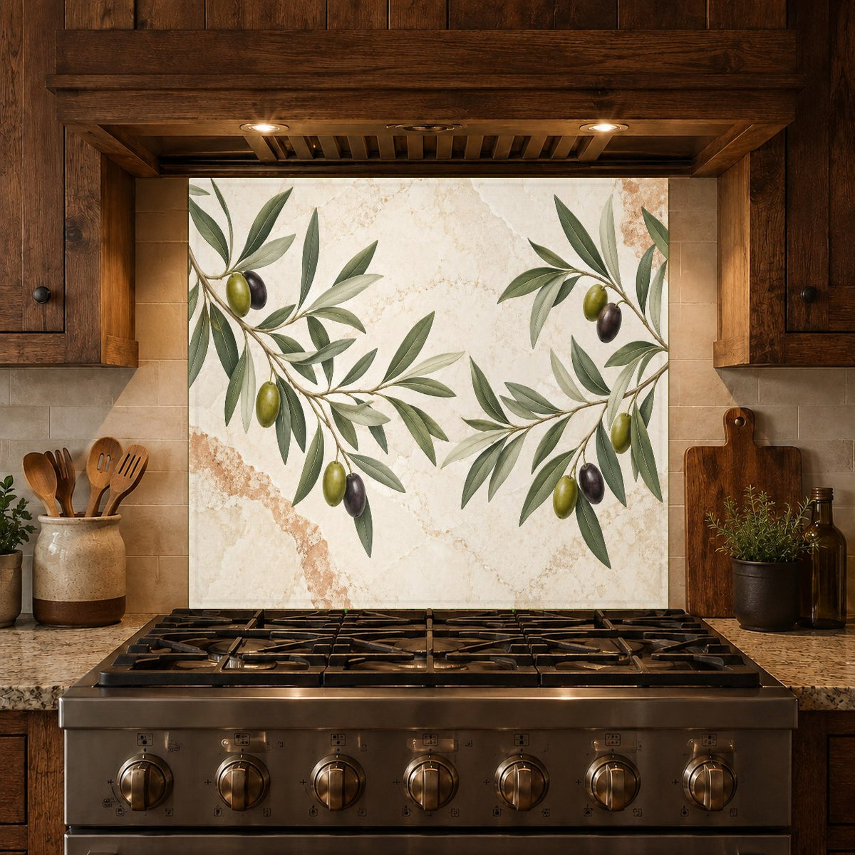 Custom size olive branch tempered glass backsplash panel in a bright white kitchen