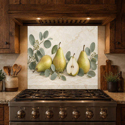 Close-up of vibrant pear and eucalyptus direct-print glass backsplash texture