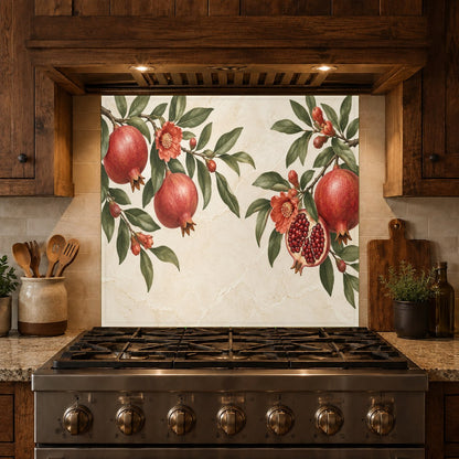 Custom sized pomegranate fruit pattern glass backsplash behind a stove