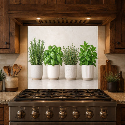 Potted herbs glass backsplash panel featured in a luxury kitchen bar area