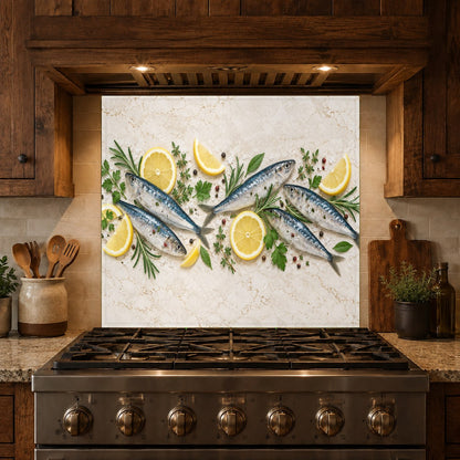 Detailed view of high-gloss glass backsplash panel installed in a contemporary kitchen setting