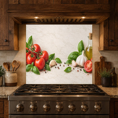 Artistic food themed kitchen glass panel mounted in a suburban home
