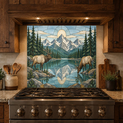 Easy-to-clean tempered glass backsplash panel featuring wildlife and river stream behind a cooktop.