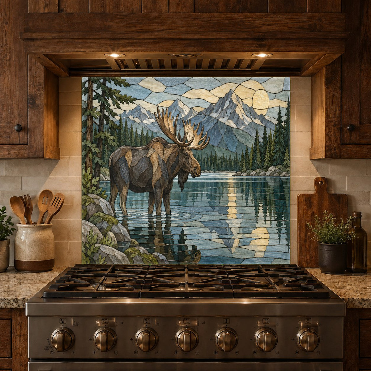 Durable tempered glass kitchen panel with river and forest design behind a sink