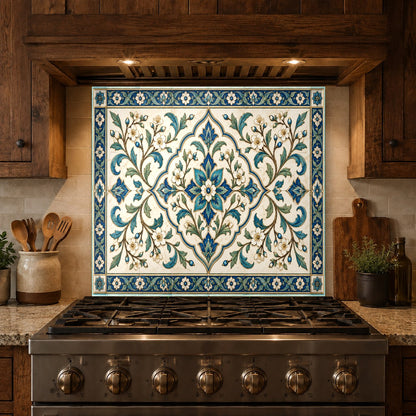 High-gloss faux tile glass backsplash panel reflecting modern pendant lights above a sleek kitchen island stove.