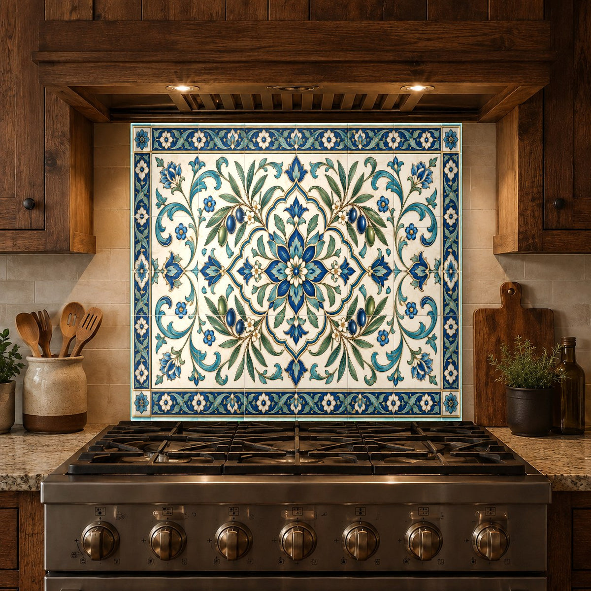 Full view of kitchen glass backsplash protecting walls behind cooking range