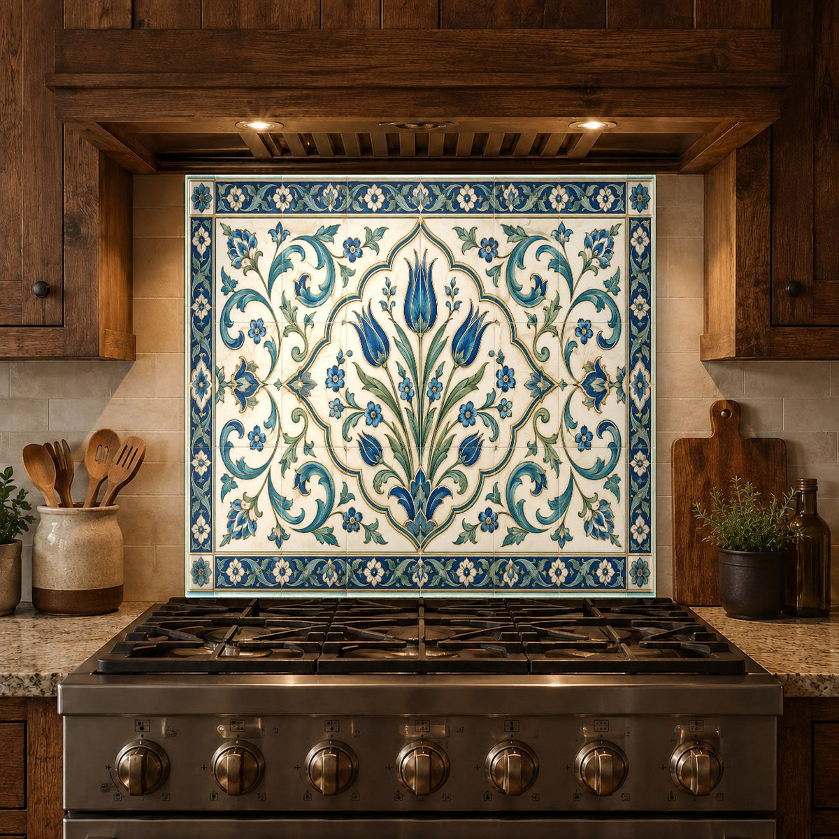 Anatolian tile kitchen glass panel reflecting light in a bright, modern cooking space