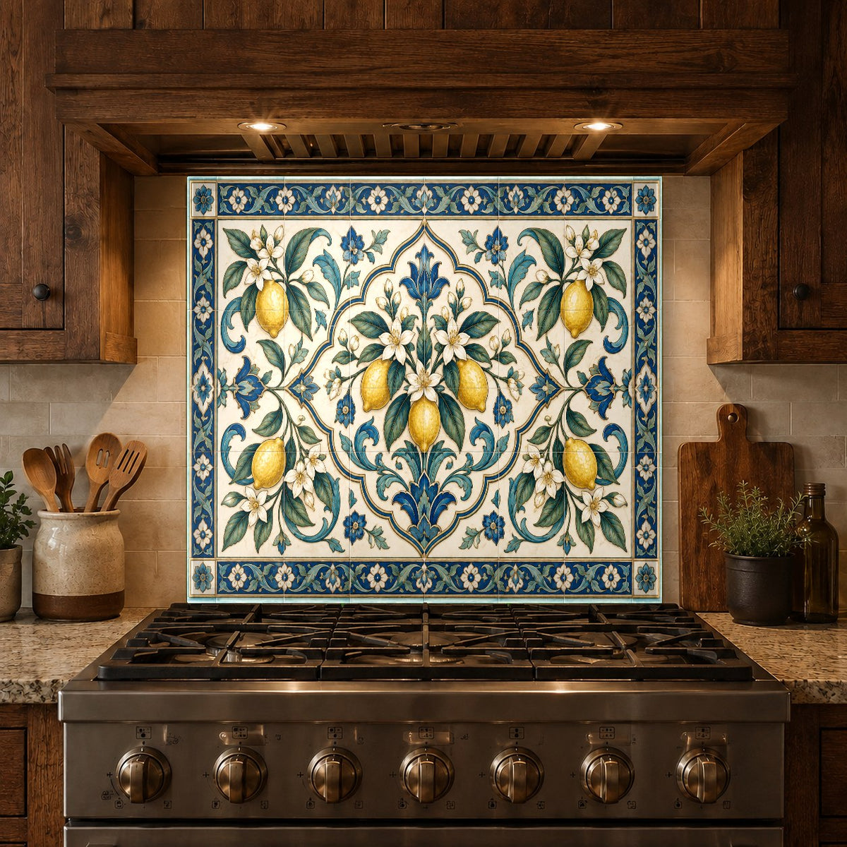 Modern kitchen featuring a lemon tile printed glass backsplash panel