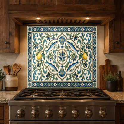 Wide shot of kitchen featuring Wbs (371) abstract geometric glass backsplash