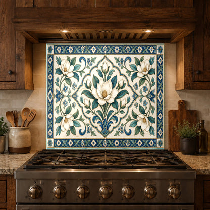 Vibrant Mediterranean tile look glass backsplash in a contemporary kitchen