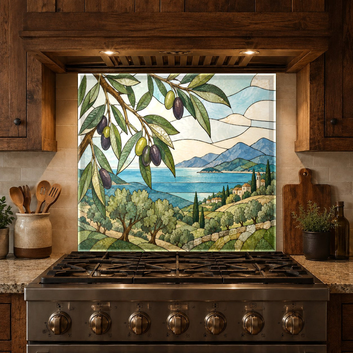Heat-resistant glass backsplash panel fitted securely behind a kitchen oven
