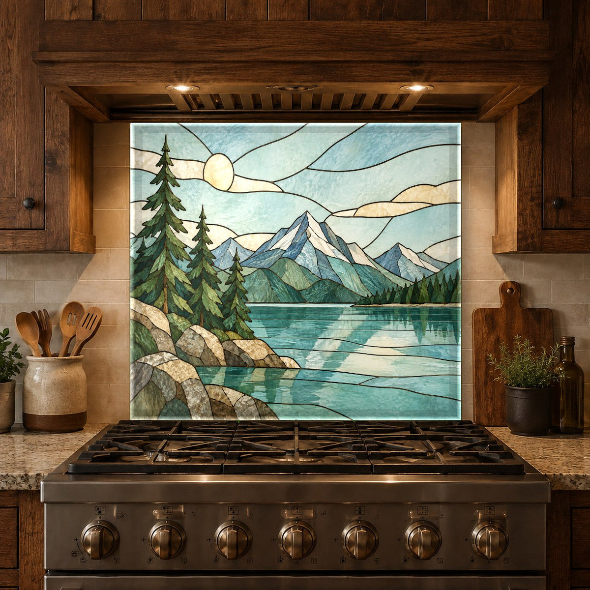Full kitchen installation with stained lake glass backsplash behind stove and cabinets