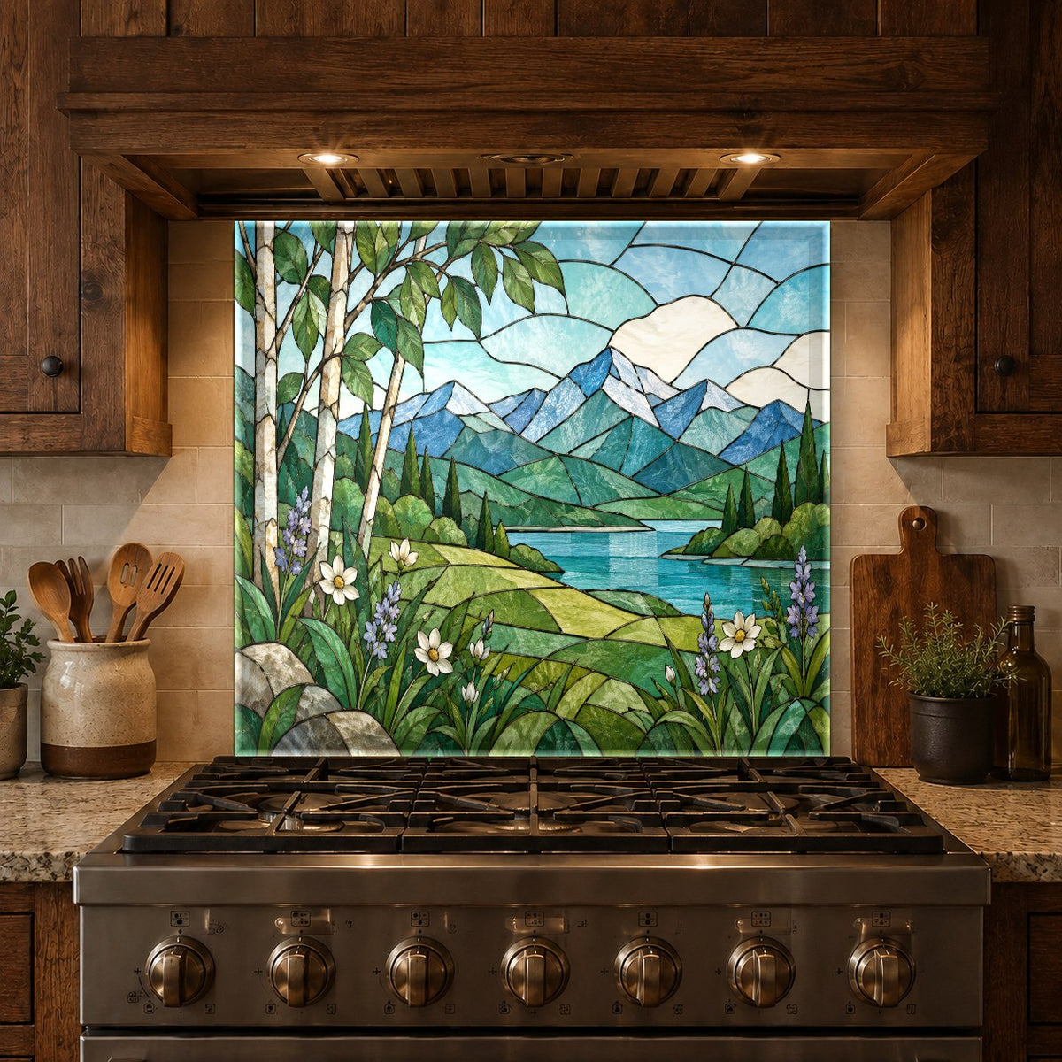 Custom sized glass kitchen backsplash panel installed in a contemporary home