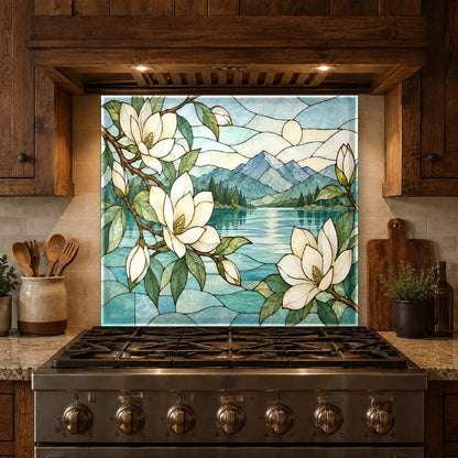 Custom tempered glass kitchen backsplash panel with floral motif