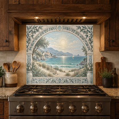 Mediterranean archway glass kitchen panel used as a gorgeous backsplash feature in a coastal-themed kitchen.