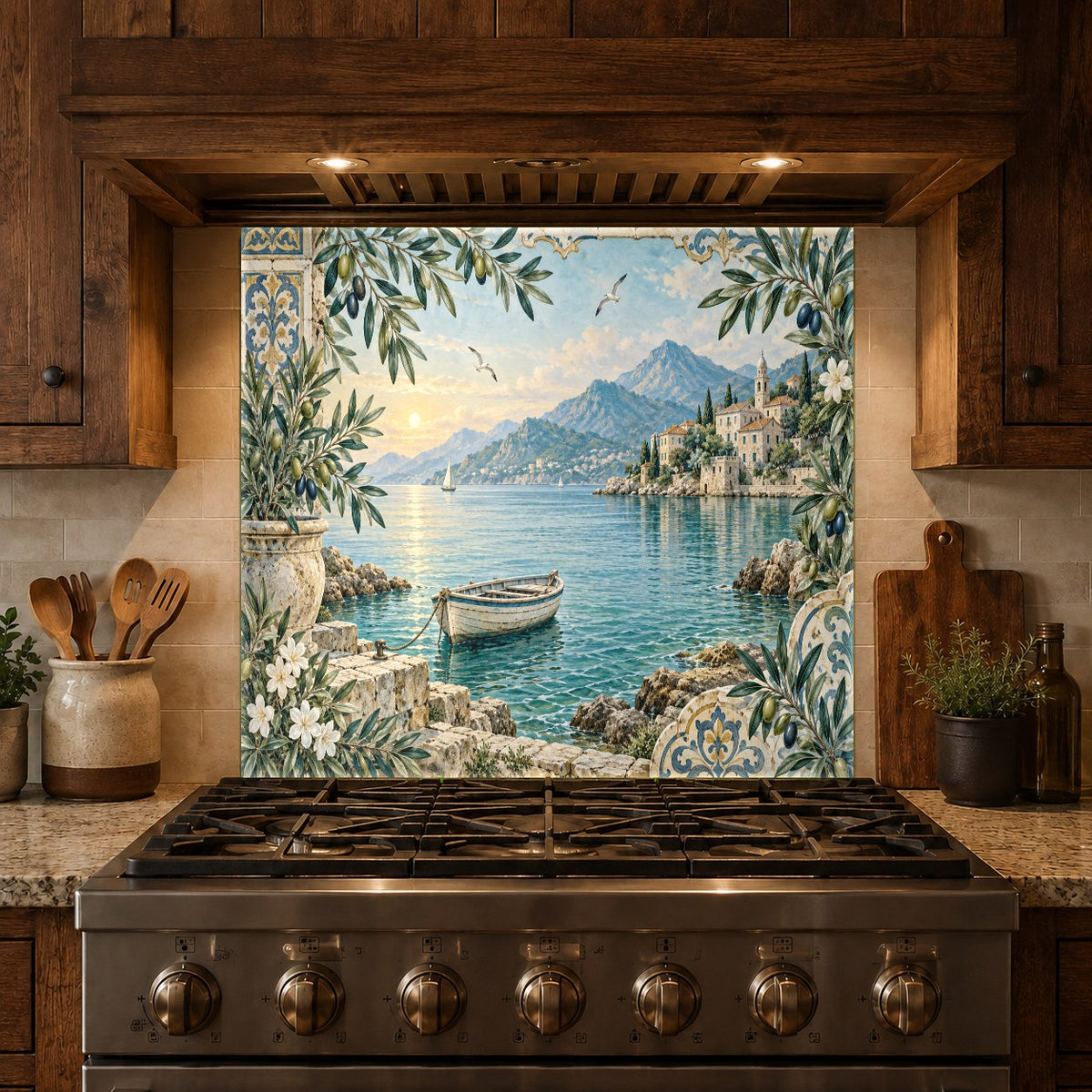 Seamless nautical theme glass panel backsplash behind a wet bar sink in a coastal home.