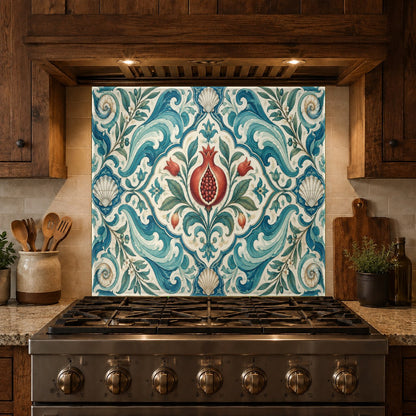 Grout-free glass kitchen backsplash behind a farmhouse sink and countertop