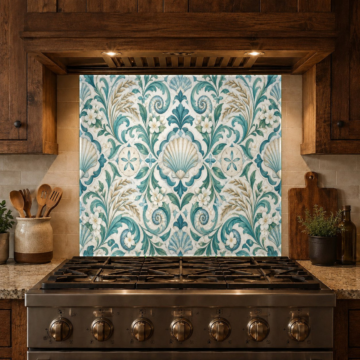 Hygienic and easy-to-clean seashell damask tempered glass panel installed behind a double kitchen sink.