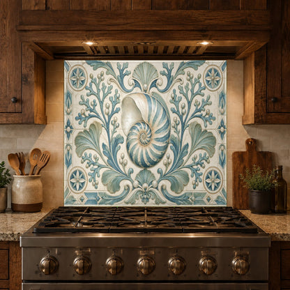 Minimalist coastal kitchen highlighting a sand-colored nautilus shell tempered glass backsplash.