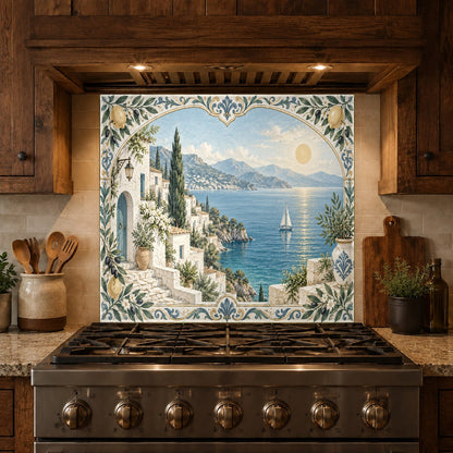 Hygienic easy to clean kitchen glass backsplash featuring an Amalfi terrace pattern.