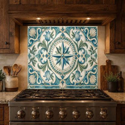 Stove splash guard made of tempered glass featuring a classic vintage compass rose illustration.