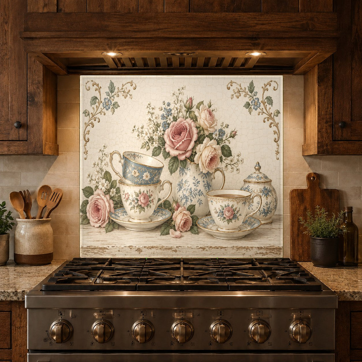 Floral art tempered glass backsplash installed in a coffee bar area
