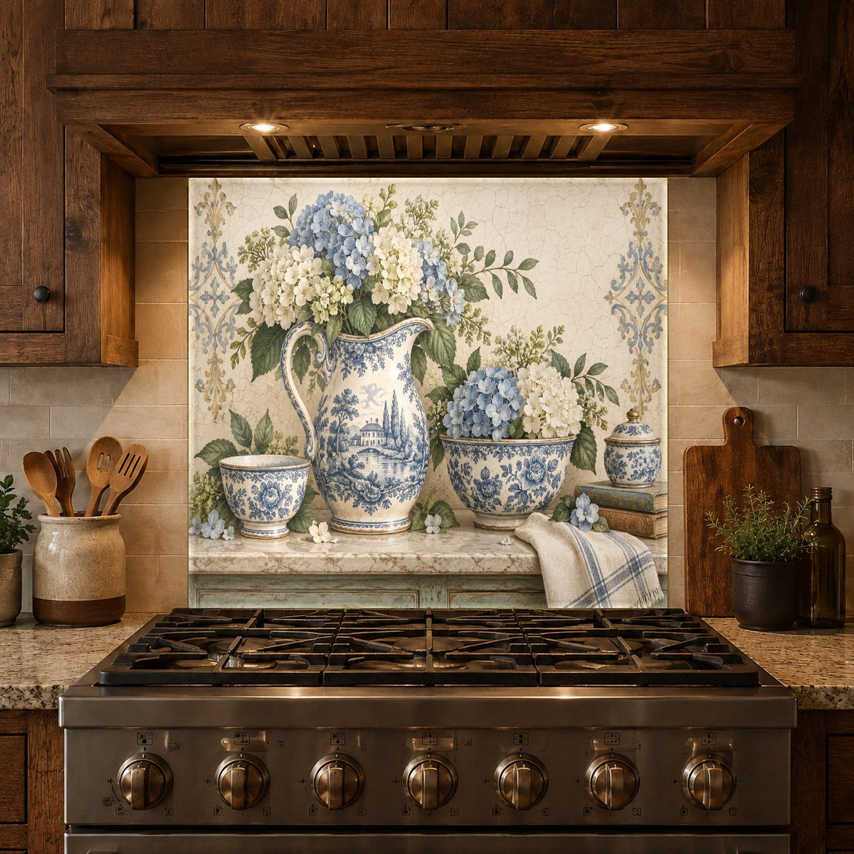 Vibrant floral kitchen glass backsplash reflecting natural light in a modern home