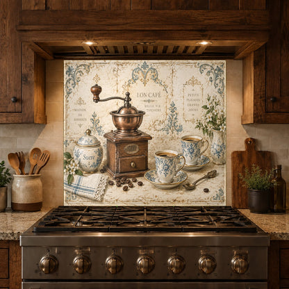 Kitchen stove area featuring a heat resistant coffee grinder glass backsplash