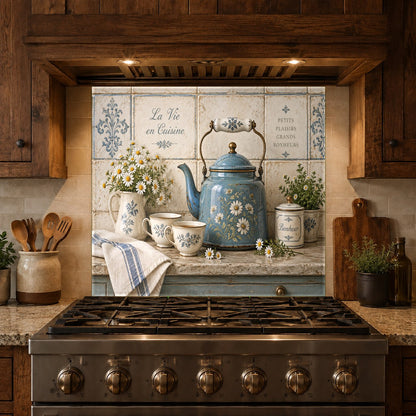 Tempered glass backsplash panel protecting kitchen wall behind cooktop