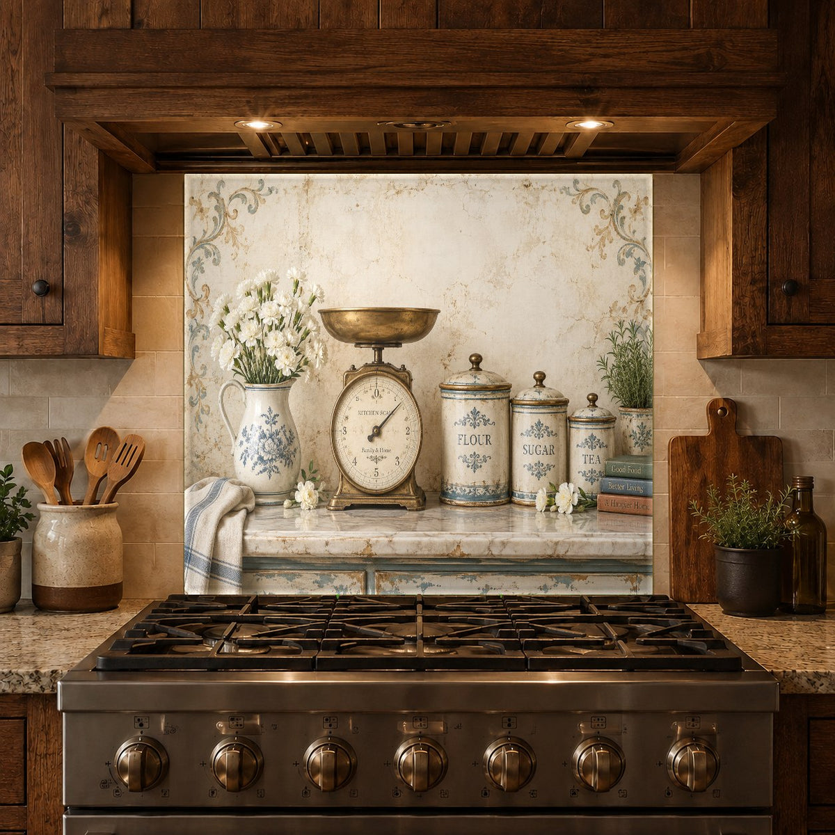 Custom sized kitchen scale glass backsplash panel in contemporary kitchen