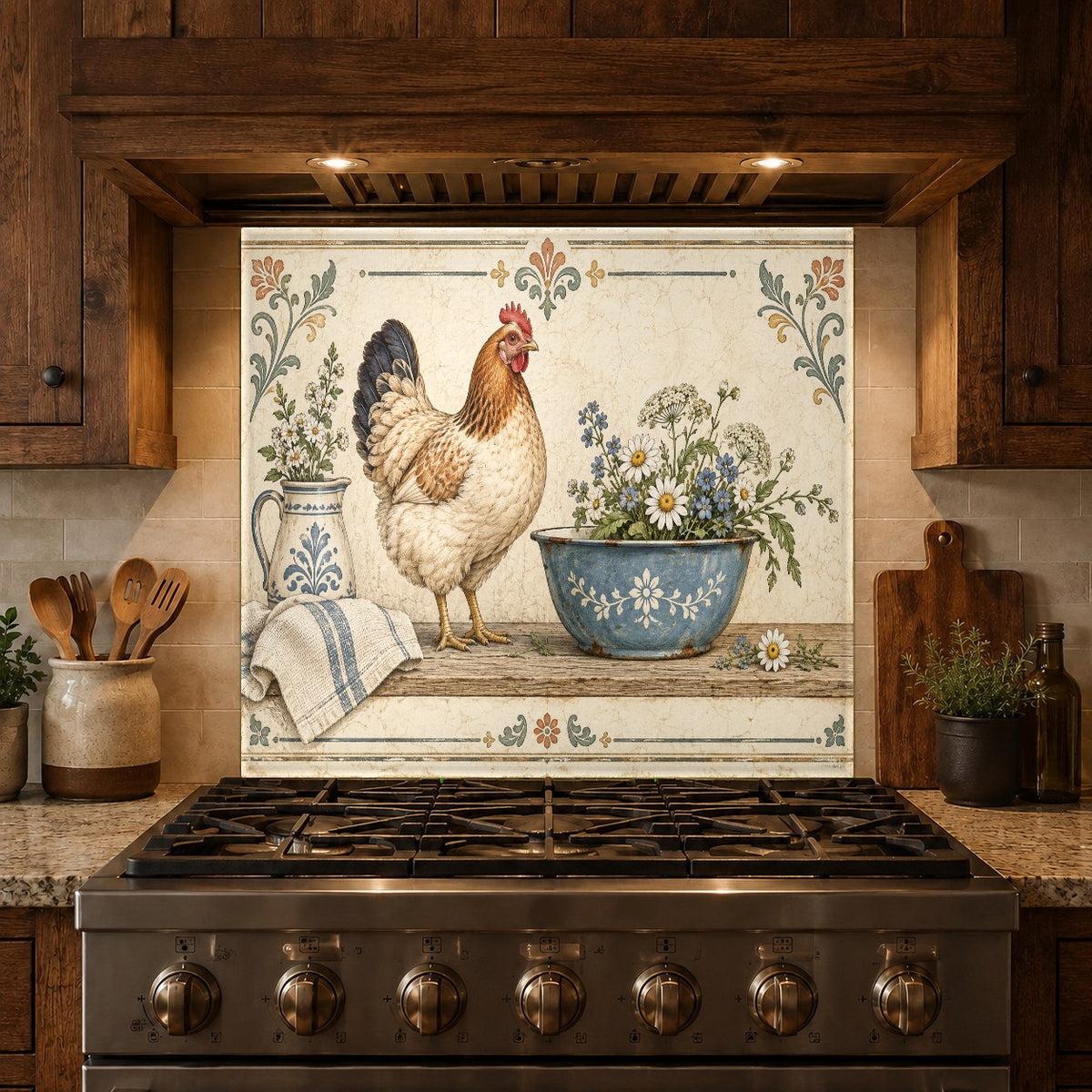 Farmhouse hen glass backsplash panel showcasing heat-resistant kitchen protection