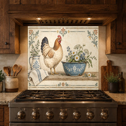Farmhouse hen glass backsplash panel showcasing heat-resistant kitchen protection