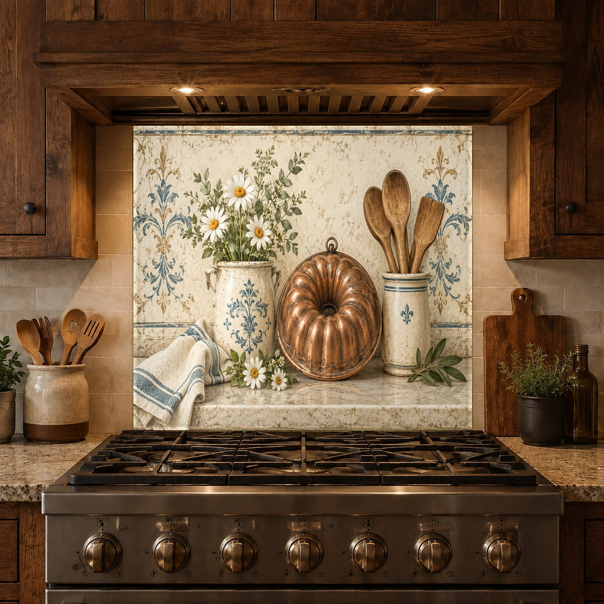 Copper patterned glass panel protecting kitchen stove wall