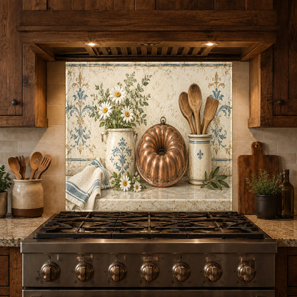 Copper patterned glass panel protecting kitchen stove wall