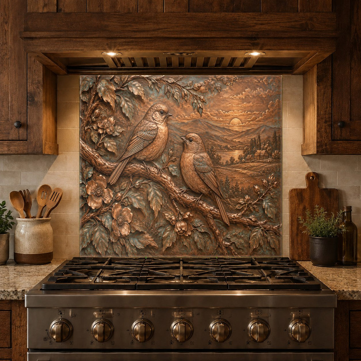Seamless tempered glass backsplash with botanical songbird design behind a farmhouse sink