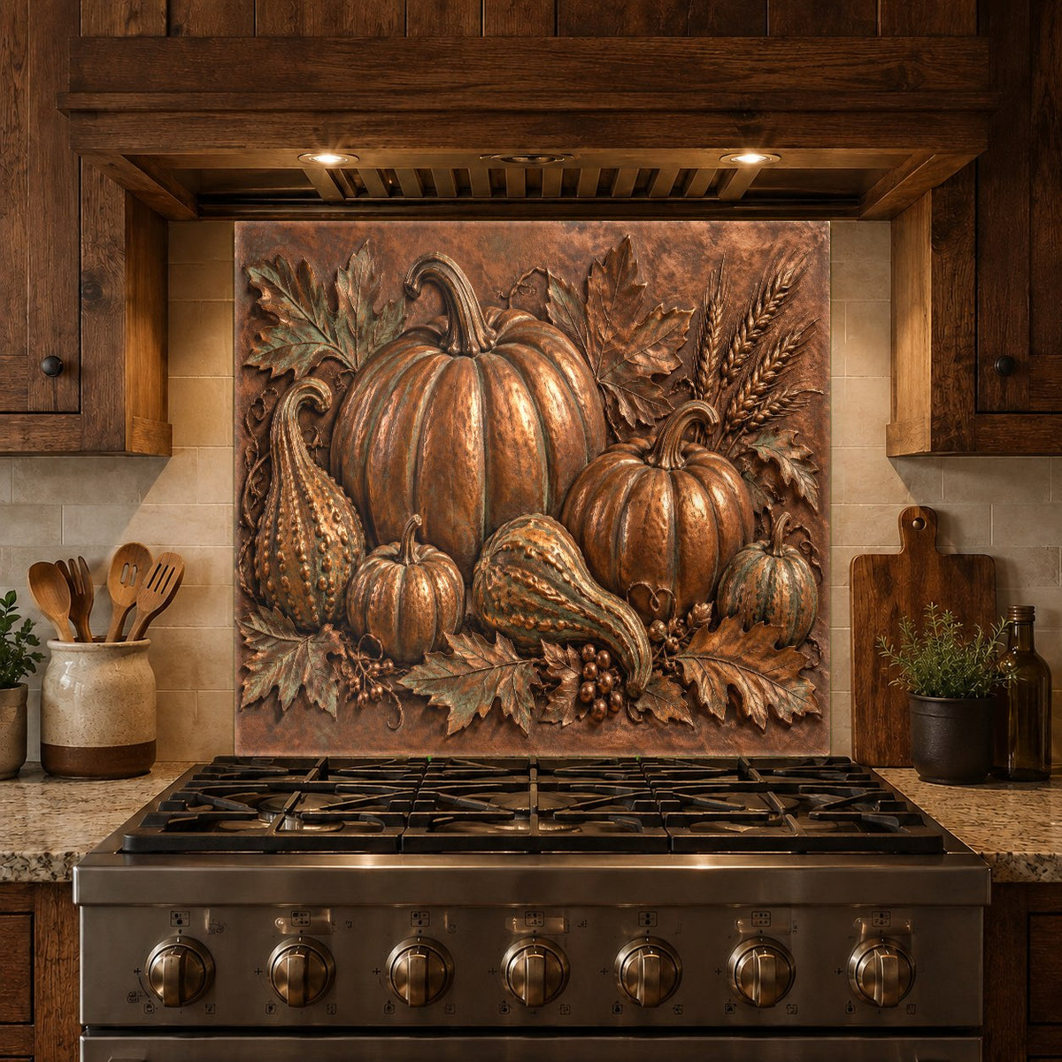 Durable tempered glass backsplash with autumn pumpkin pattern in a rustic kitchen