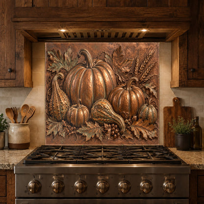 Durable tempered glass backsplash with autumn pumpkin pattern in a rustic kitchen