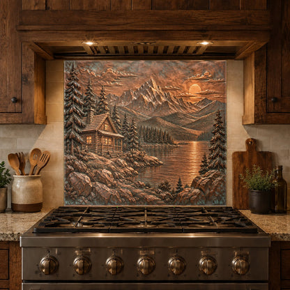 Heat resistant glass kitchen backsplash with lakeside cabin artwork behind a commercial stove